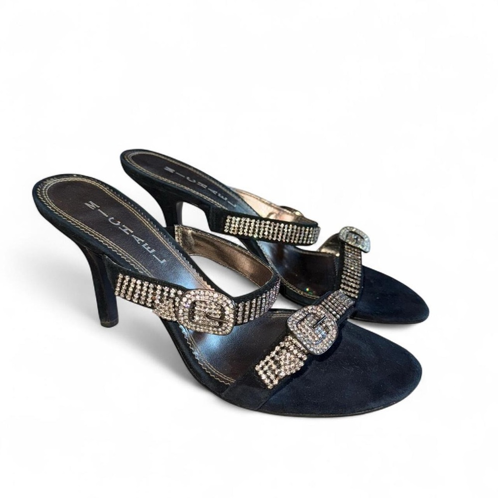 Y2K Michael Black Suede Women's 3.5" Rubia Faux Diamond Buckle Strap Pump Heels